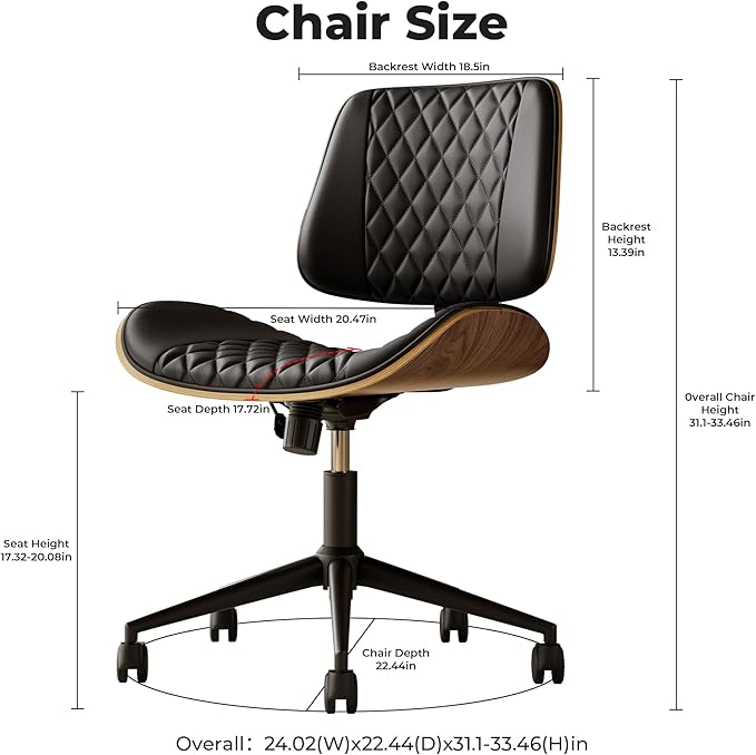 Home Office Desk Chair with Wheels, Armless Adjustable Height PU Leather Office Chair, Mid Back Ergonomic Computer Chair, Walnut Curved Seat Design No-Arm Chair (Half-Black)