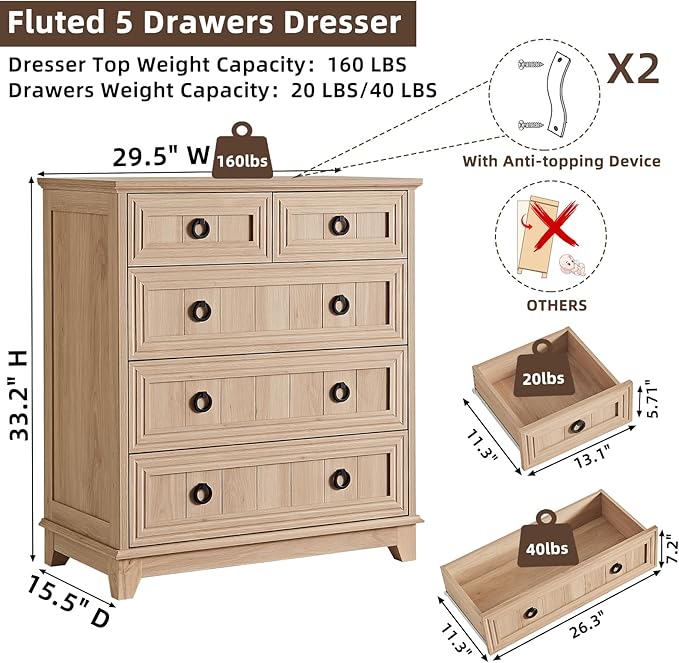 Farmhouse 5 Drawer Dresser for Bedroom, 33.2" Tall Small Dressers & Chest of Drawers, Rustic Wood Dresser with Metal Handle, Storage Organizer Closet for Living Room, Hallway, Entryway