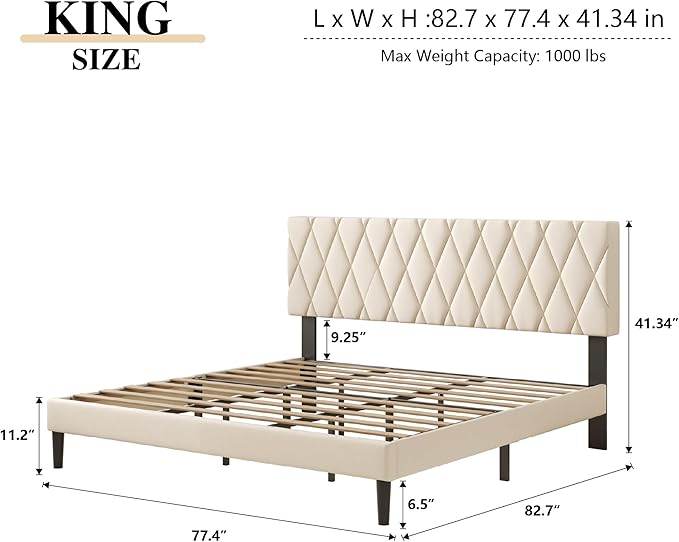 King Size Bed Frame with Diamond Tufted Headboard, Velvet Upholstered Platform Bed and Wooden Slat Support, Noise-Free, No Box Spring Needed, Easy Assembly, Beige