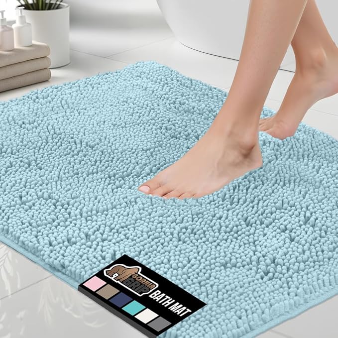 GORILLA GRIP Bath Rug Mat, Thick Soft Absorbent Chenille, Quick Dry Microfiber Mats, Rubber Backing Washable Shower Floor Rugs, Bathmat Runner, US Designed Bathroom Home Decor Accessories 24x17, Sky