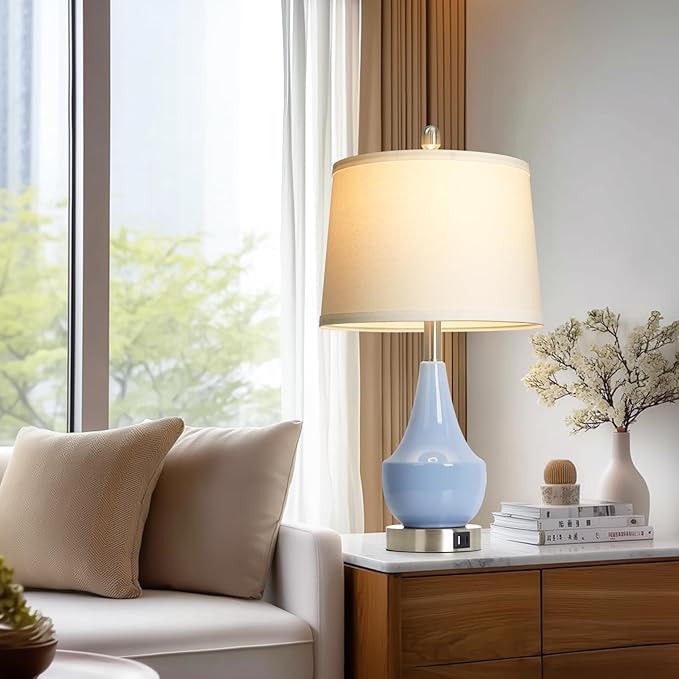 Modern Blue Table Lamp Set of 2, 24" Ceramic Table Lamp with USB A+C Ports,Classic Beside Lamps Nightstand Lamp Modern Lamp for Living Room, Bedroom & Office -LED Bulbs Included