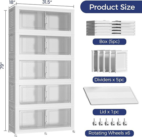 1000 QT Extra Large Stackable Storage Bins with Lid, 250 Gal Collapsible Storage Box with Wheels, Folding Closet Organizers and Storage Cabinet with Doors for Home Kitchen Office, 5Pack White