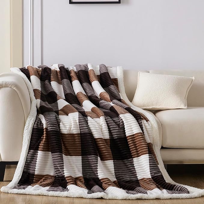 Blanket for Women, Sherpa Throw Blanket for Couch, Flannel Cozy Soft Checkered Blanket for Bed - Fleece, Dark Brown, 60x80 Inches