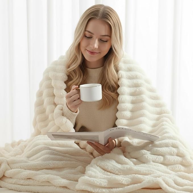 decorUhome Christmas Soft Fleece Cream White Blanket Queen Size for Bed, Cozy Fluffy Plush Flannel Large Striped Throws for Couch Sofa, Lightweight Decorative Fuzzy Blanket for Woman, 90x90 Inches