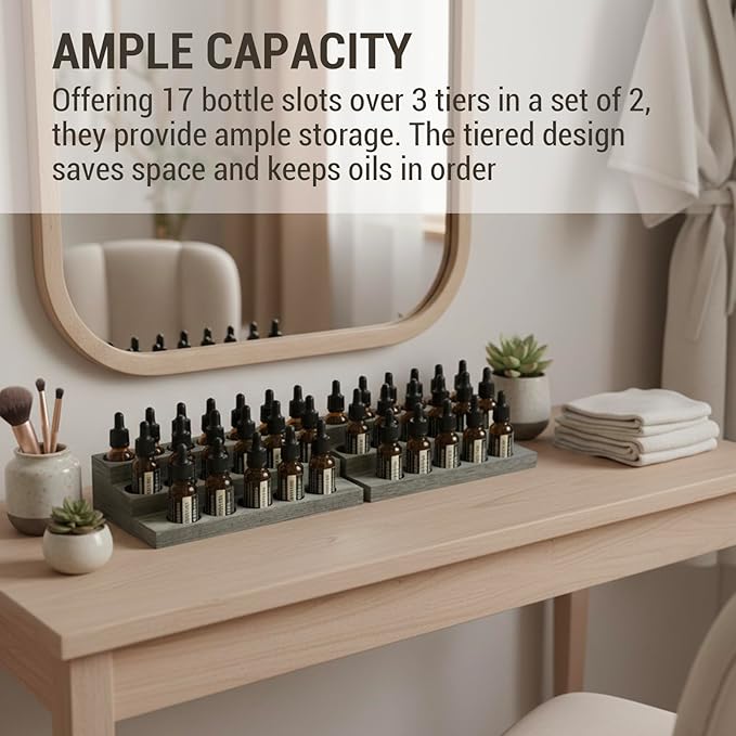 MyGift Set of 2 Vintage Gray Wood 3-Tier Essential Oil Display Stands, Countertop Organizer Rack for 17 Bottles Each