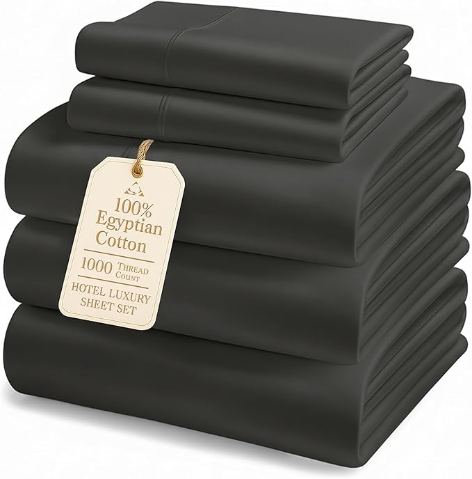 LANE LINEN 1000TC 100% Egyptian Cotton Split King Bed Sheets for Adjustable Beds - Fully Elasticized Reinforced Seams Extra Deep Pocket Split King Sheet, No Pill Fade Resistant Sheets- Black