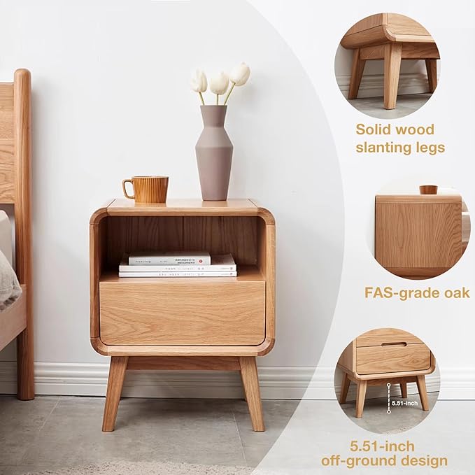 100% Solid Wood Nightstand Set of 2, Small Night Stand with Drawer and Open Shelf, Natural Wood Nightstand, Mid Century Modern Night Stand, Wooden Bedside Table for Bedroom(20.47" H)