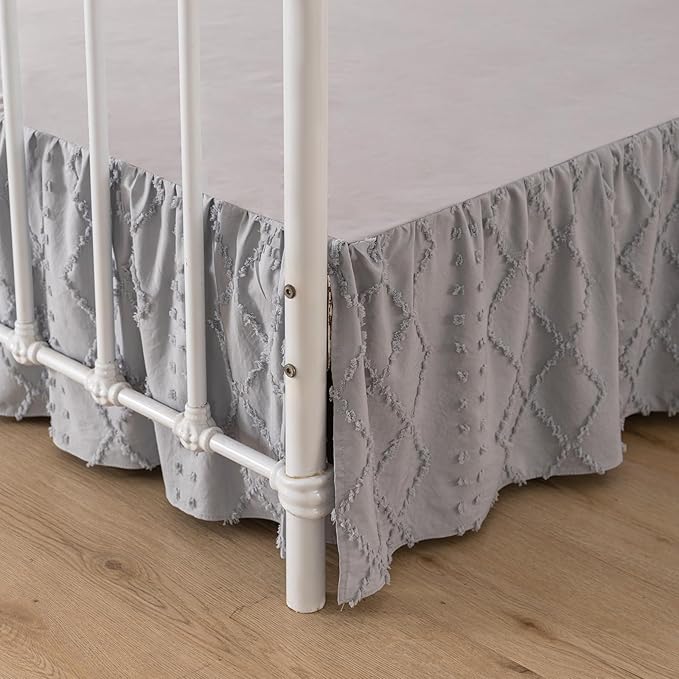 Bed Skirt King Size Ruffled Bed Skirt with Split Corners, 14 Inch Drop Dust Ruffle Bed Skirts with Platform, Boho Tufted Shabby Chic Full Size Bed Skirts, Light Grey