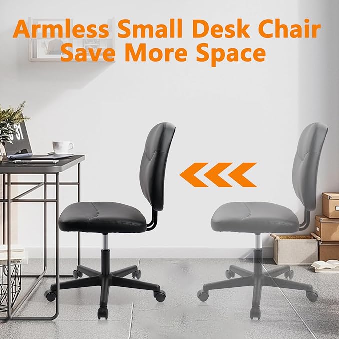 CLATINA Armless Home Office Chair, Small PU Leather Ergonomic Low Back Desk Chair with Lumbar Support and Wheels, Adjustable Height 360° Swivel Rolling Computer Task Chair, Black, 4 Pack