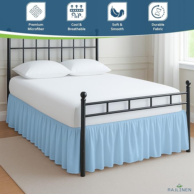Rajlinen Ruffled Bed Skirt Queen, 8 Inch Drop Dust Ruffle with Split Corners, 100% Microfiber Bedskirt with Platform, Three-Sided Coverage Ruffled Gathering Design, Light Blue
