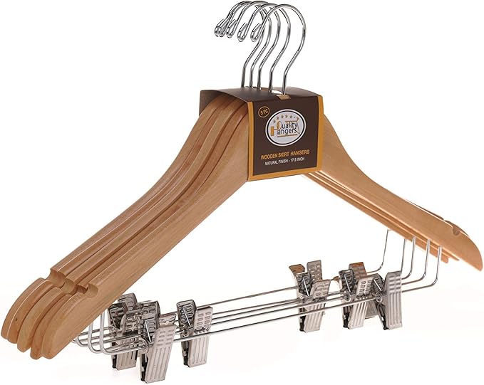 Quality Wooden Skirt Hangers with Clips, 10-Pack Smooth Solid Wood Pants Hangers with Durable Adjustable Metal Clips, Swivel Hook, Coat, Jacket, Blouse Suit Hangers (Natural, 10)
