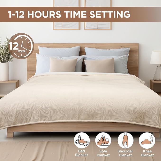 Westinghouse Electric Blanket Queen, Flower Jacquard Heated Blanket Queen Size with 10 Heating Levels and 1-12 Hours Auto-Off, Flannel to Sherpa Reversible, Machine Washable (84" x 90", Beige)
