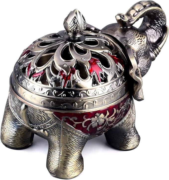 K COOL Metal Backflow Incense Holder Elephant Cone Incense Burner Candle Holder with Lid, Aromatherapy Ornament Home Office Decoration for Indoor Outdoor (Red)