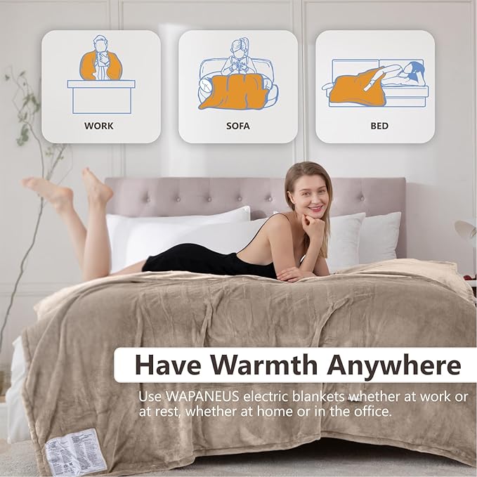 Wapaneus Heated Blanket Electric King Size 90"x100"-Dual Control with 10 Heat Levels 12 Timer Settings and 8 Hours Auto-Shut Off,Fast-Heating Electric Blanket,ETL Listed Machine Washable,Mushroom