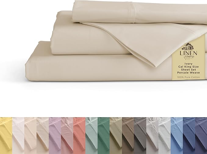 Linen Home 100% Cotton Percale Sheets California King Size, Ivory, Deep Pocket, 4 Pieces Set - 1 Flat, 1 Deep Pocket Fitted Sheet and 2 Pillowcases, Crisp Cool and Strong Bed Linen