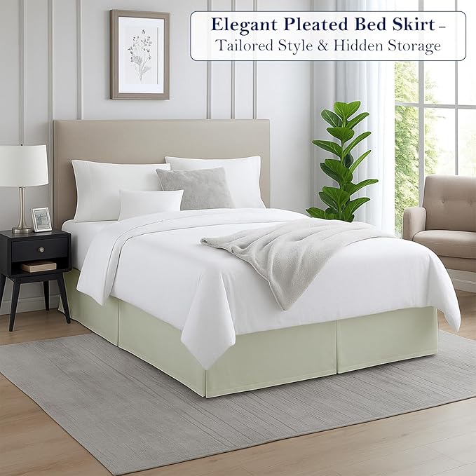 King Bed Skirt, Luxury 21 Inch Drop Ivory Pleated Bed Skirt, Double Brushed Microfiber, Box Pleat Design, Wrinkle & Fade Resistant, Easy Fit Tailored Bedskirt for King Size Beds