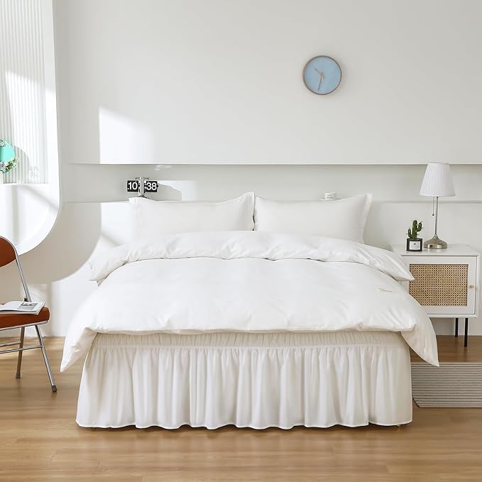 MEILA Wrap Around Bed Skirt Three Fabric Sides Elastic Dust Ruffled 24 Inch Tailored Drop,Easy to Install Fade Resistant-Natural White, Queen/King