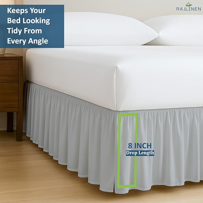 Rajlinen Ruffled Bed Skirt Twin, 8 Inch Drop Dust Ruffle with Split Corners, 100% Microfiber Bedskirt with Platform, Three-Sided Coverage Ruffled Gathering Design, Light Grey
