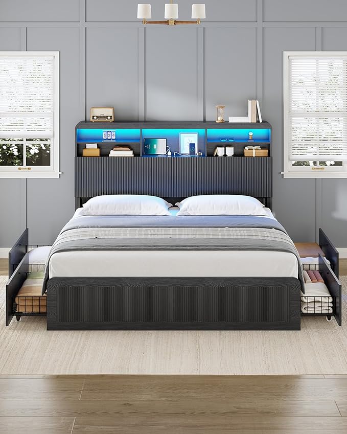 AOGLLATI Queen Bed Frame with 4 Storage Drawers and Hidden Storage Headboard, Black Led Fluted Bed Frame Queen Size with Charging Station and Curved Profile Design,No Box Spring Needed, Black