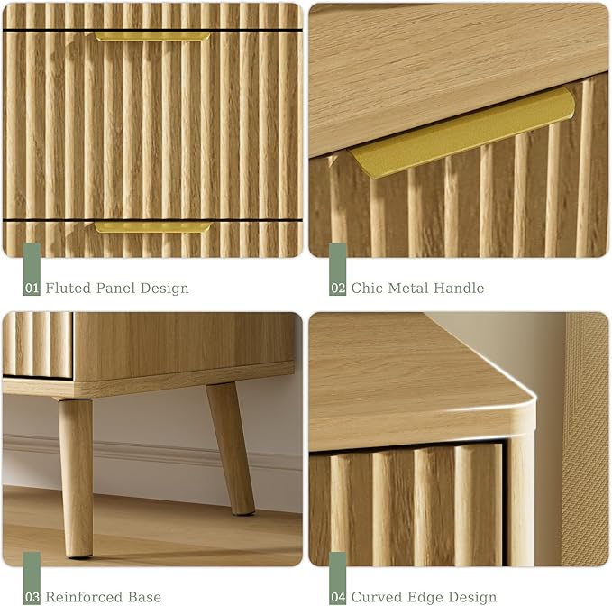 LYNSOM Fluted 5 Drawers Dresser, 45" Tall Modern Chest of Drawers with Curved Profile Design and Metal Handle, Wood Drawer Organizer for Bedroom, Living Room, Hallway, Entryway, Oak