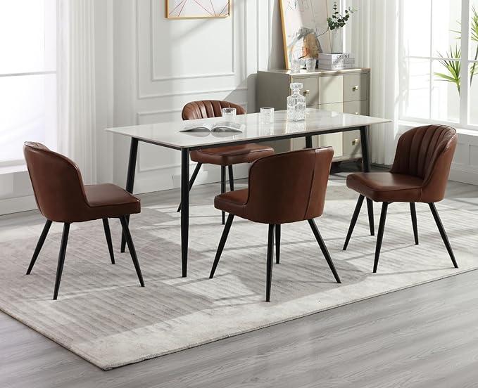Ealson Modern Dining Chairs Set of 4 Leather Upholstered Accent Dining Room Chairs with Metal Legs Comfortable Armless Kitchen Chairs for Living/Dining Room, Brown