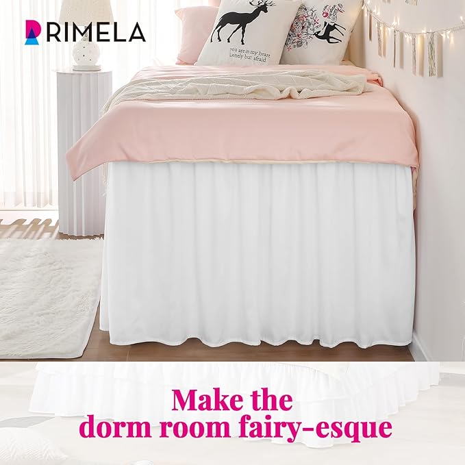 RIMELA Dorm Bed Skirt Twin XL 46 Inch Drop, Easy to Install Extra Long Wrap Around Elastic Dust Ruffle, White Bedskirt Solid Silky Fabric Machine Washable (Twin XL 80“L x 39”W & Twin 75“L x 39”W)