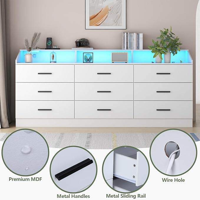 9 Drawers Dresser for Bedroom with Power Outlet, Chest of Drawers with LED Light, Modern Dressers with Open Storage Cubby, Triple Wide Dressers Organizer for Living Room (White)