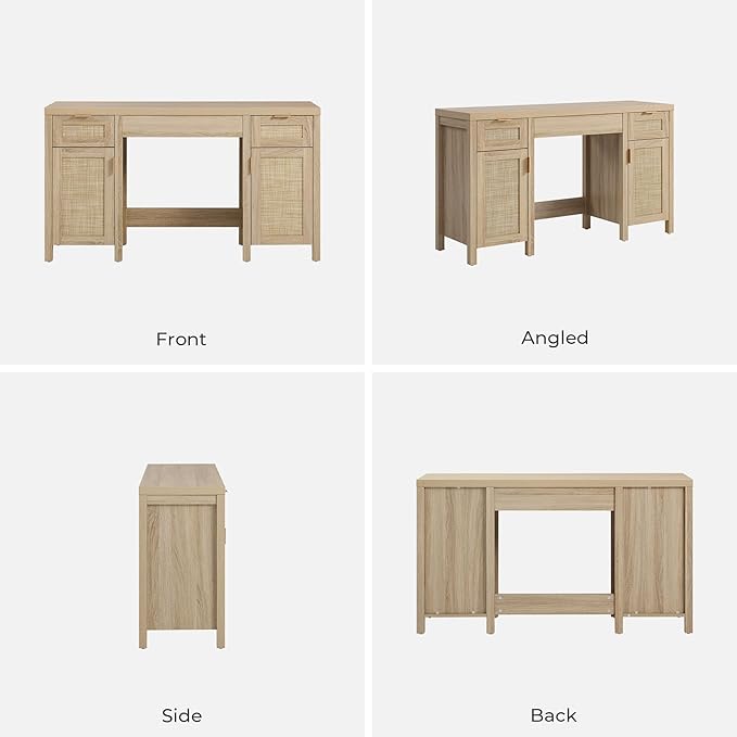 SICOTAS 2 Pieces Rattan Vanity Home Office Desk - Big Boho Makeup Vanities Benches with Drawers & Storage Cabinets, Dressing Vanity Table for Makeup Room, Bedroom, Home Office, Light Oak