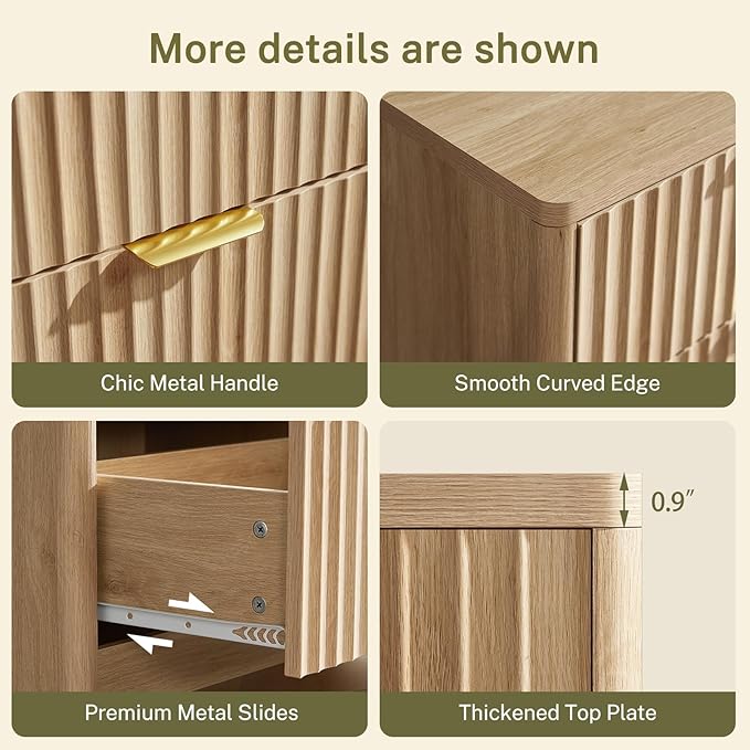 TEENFON Fluted 6 Drawer Dresser for Bedroom, Wide Modern Chest of Drawers with Metal Handle, Curved Profile Design, Wood Closet Clothes Storage Organizer for Bedroom, Living Room, Hallway, Natural