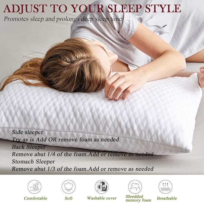 NTCOCO 2 Pillows, Shredded Memory Foam Bed Pillows for Sleeping, with Washable Removable Cooling Hypoallergenic Sleep Pillow for Back and Side Sleeper, Queen (2-Pack)