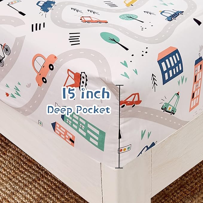 JSD Car Kids Printed Sheet Set Full Size, 4 Piece Soft Microfiber Bed Sheets Deep Pocket