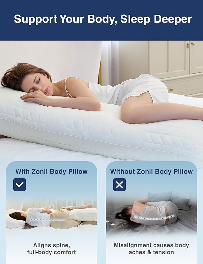 ZonLi Adjustable Memory Foam Body Pillow for Adults, Firm Support Long Pillow for Side Sleepers, Elegant Quilted 20x54 inch Full-Length Pillow with Washable Cover, White