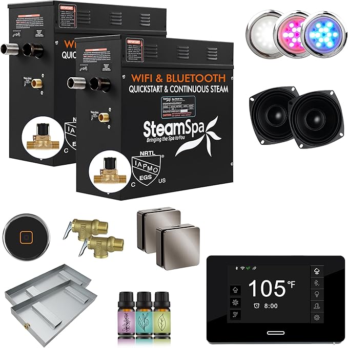 SteamSpa Steam System 24kW Steam Shower Generator with Bluetooth Wifi, Quickstart Continous Steam, Advanced Touch Pad Screen, Chroma Lights, Drain Pan and Auto Drain Brushed Nickel RVBS2400BN-A