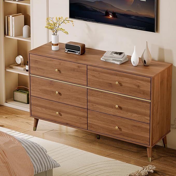 6 Drawer Dresser,47" Wide Mid Century Chest of Drawers,Wooden Bedroom Drawer Dresser with 6 Storage Drawers for Bedroom,Living Room,with Anti-Tipping Device,Walnut.HT