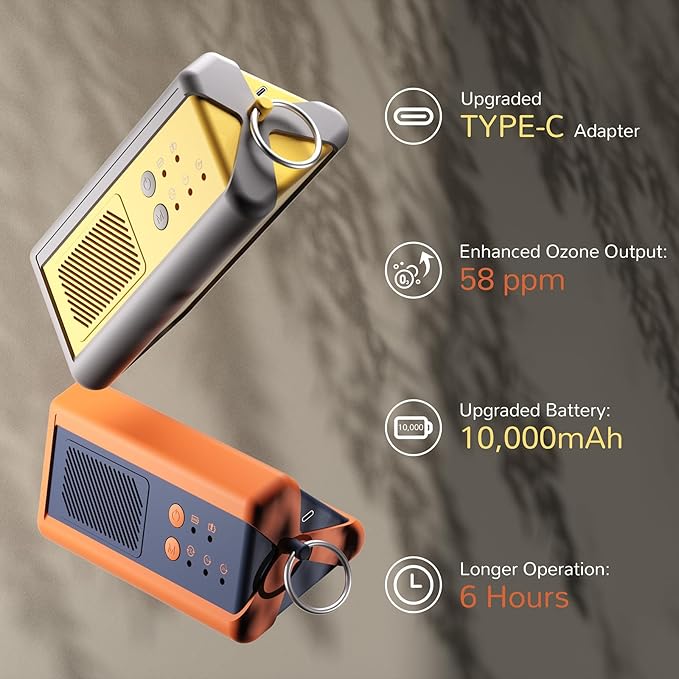 Airthereal PA1K-GO 1,000mg/h Portable Ozone Generator - Cordless Battery Powered Odor Eliminator for Car, Hotel Rooms, Offices, Bathrooms, and Small Spaces(Yellow)