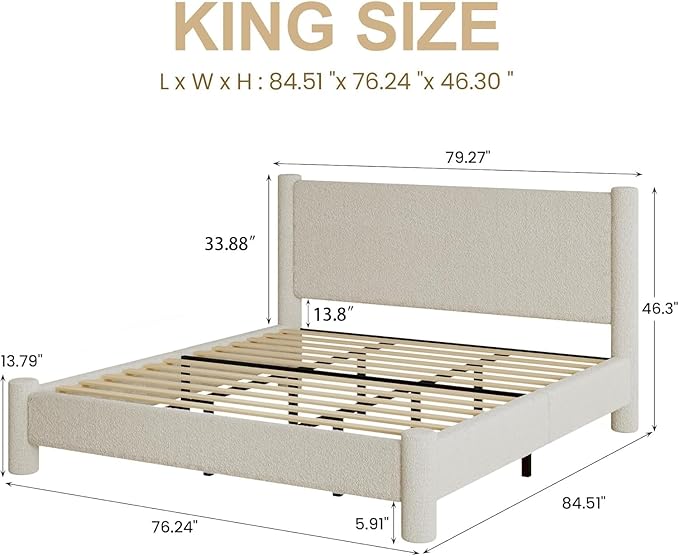 King Size Bed Frame, Boucle Bed Frame with Headborad, Soft Upholstered Platform Bed Frame with Rounded Corners, No Box Spring Required, Easy Assembly, Cream