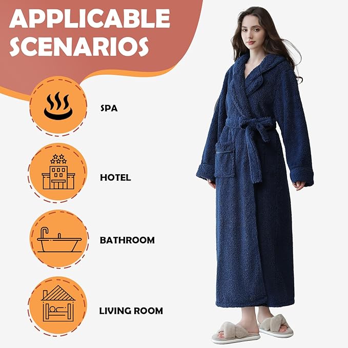 Oksun Womens Long Fleece Robe: Soft Fluffy Warm Bathrobe - Cozy Winter Housecoat Nigthgown with Chic Piping