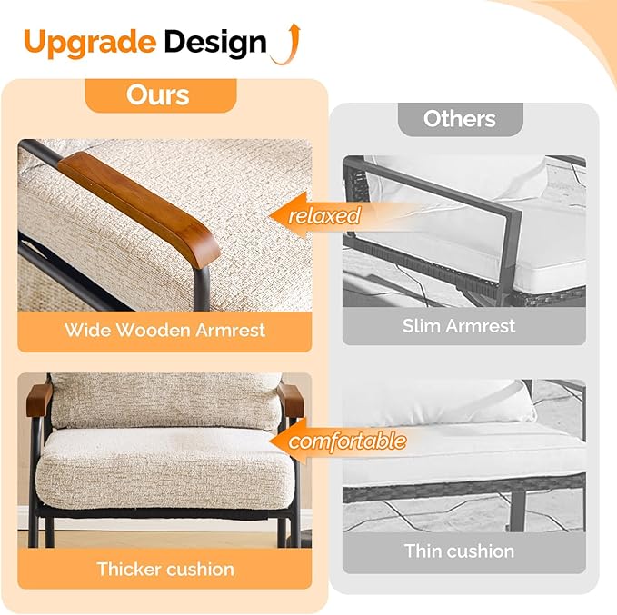 VINGLI Mid-Century Modern Accent Armchiars Set of 2 for Small Space, Small Comfy Upholstered Leisure Reading Chairs with Wood Armrests for Bedroom, Living Room, Waiting Room, Linen Beige