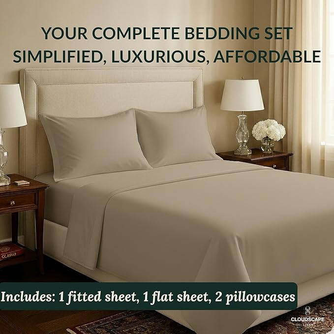 Cloud Scape Linen 100% Egyptian Cotton California King Sheet Set, 400 Thread Count,4 Pieces Luxury Bedding Set, Hotel Quality, Silky Soft, Breathable and Durable, Deep Pockets up to 17, Taupe