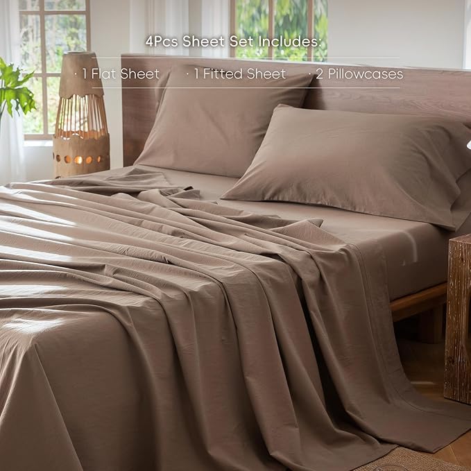 MooMee Bedding Sheet Set 100% Washed Cotton Linen Like Textured Breathable Durable Soft Comfy (Solid Brown, California King)
