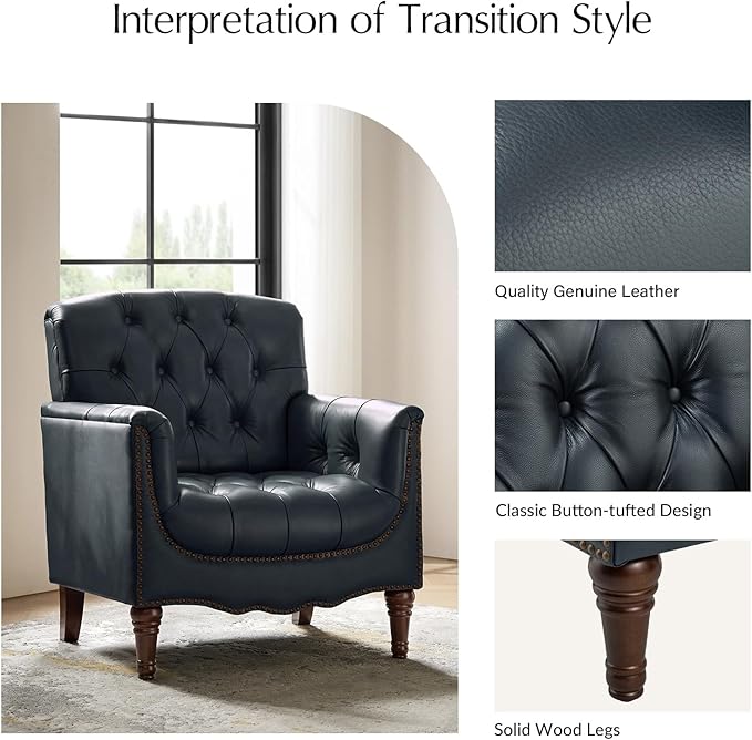 HULALA HOME Mid Century Modern Leather Club Chairs, Top-Grain Genuine Leather Armchairs with Button-Tufted Back & Solid Wood Legs, Accent Chairs for Living Room/Bedroom/Home Office, Navy