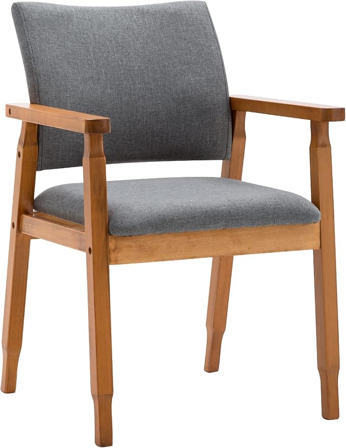 thksbought Set of 4 Mid Century Modern Walnut Dining Chairs Wood Arm Grey Fabric Kitchen Cafe Living Room Decor Furniture