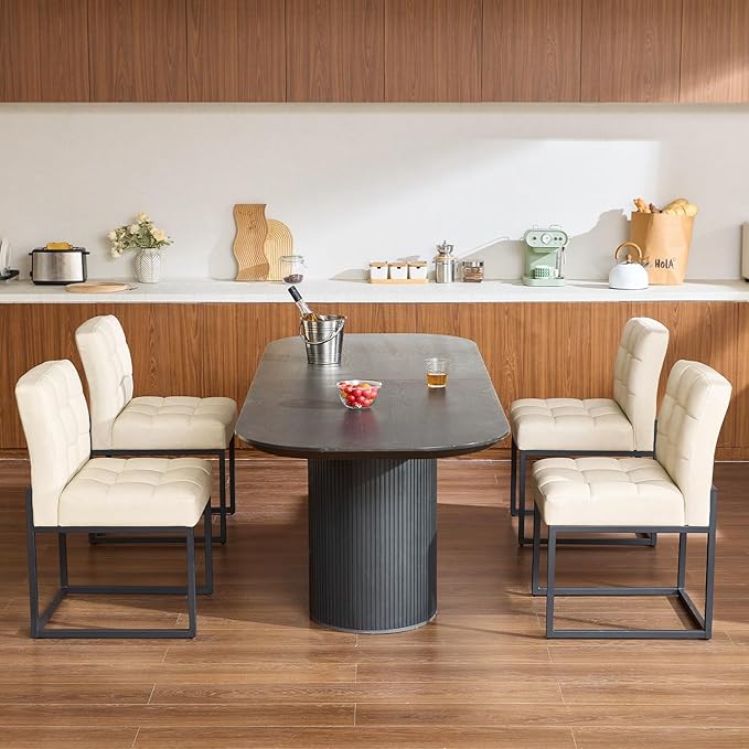 Beige Faux Leather Dining Chairs Set of 4, Mid-Century Modern Dining Room Chairs with Armless, Checkered Kitchen Chair with Metal Legs