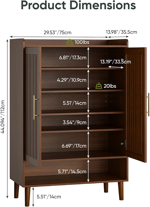 Shoe Storage Cabinet with 2 Slatted Doors, 6-Tier Large Shoe Cabinet with Adjustable Shelves, Hidden Entryway Shoe Organizer for Hallway, Foyer, Walnut