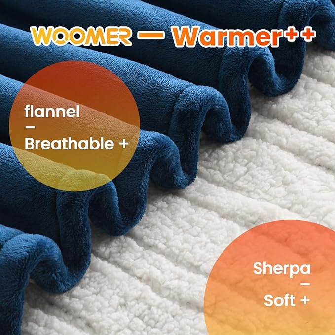 WOOMER [5-Year Warranty] Electric Blanket Full Size,Durable Flannel and Soft Sherpa,Dual Control,77”×84” Heated Throw Blanket, 10 Heat Levels&0.5-12h auto-Off,Energy Efficient,ETL Certified