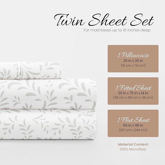 Linen Market 3 Piece Twin Bedding Sheet Set (Gray Vines) - Sleep Better Than Ever with These Ultra-Soft & Cooling Bed Sheets for Your Twin Size Bed - Deep Pocket Fits 16" Mattress