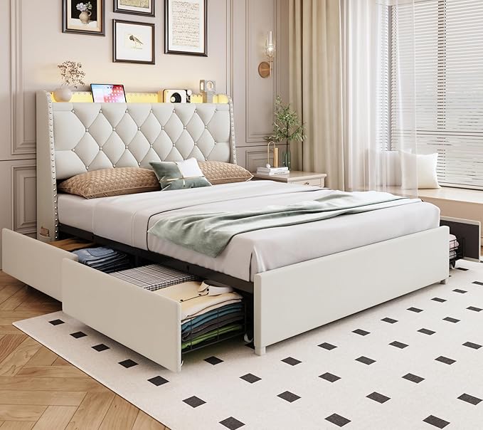 Queen Size Bed Frame with 4 Drawers and Storage Headboard, Upholstered Button Tufted Platform Bed Queen with Led Lights and Charging Station, No Box Spring Needed, Easy Assembly, Noise Free, Beige