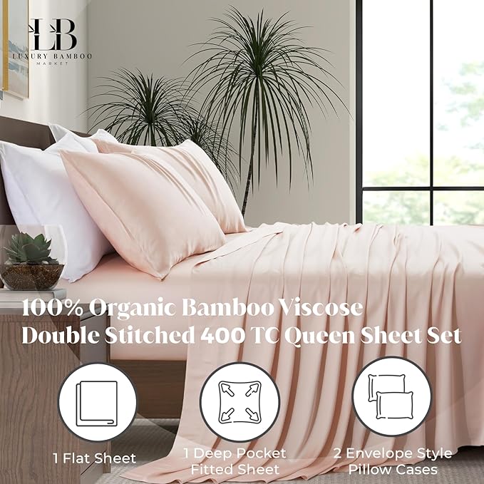 Luxury Bamboo Market | Queen Size Bed Sheet Set | 100% Viscose Made from Bamboo | Organically Grown | Ultra Soft | Cooling Sheets for Hot Sleepers | 17" Deep Pocket [Vintage Pink]