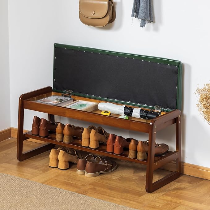 Solid Wood Shoe Bench, 2-Tier Entryway Bench with Cushion and Flip-Open Storage Box, Mid-Century Modern Shoe Bench Rack for Hallway, Mudroom(Green, 39.4'')