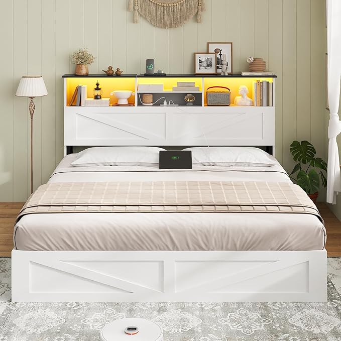 AOGLLATI Farmhouse Queen Bed Frame with 4 Storage Drawers and Led Lights, Wooden Bed Frame Queen Size with Hidden Space Bookcase Headboard and Led Lights & Metal Slats, White